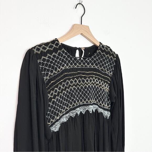 Free People Late Night Picnic Smocked Mini Dress Black Small Dark Romantic - Picture 4 of 8
